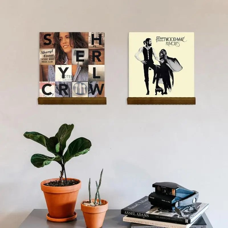 2 single groove vinyl record shelves with albums on a wall