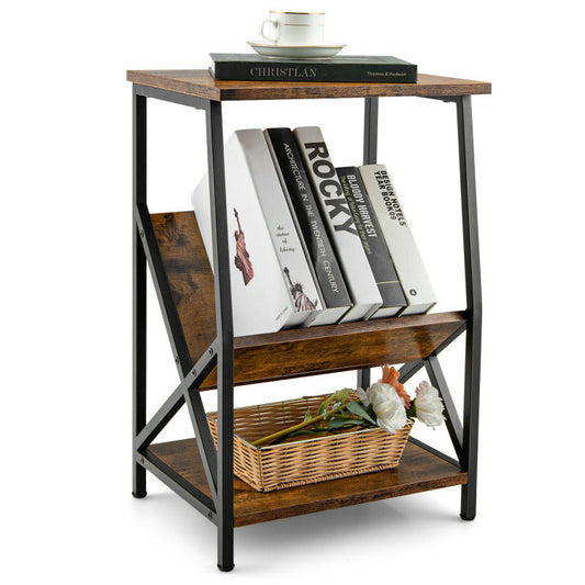 3-Tier Industrial Side Table with V-shaped Shelf for Records