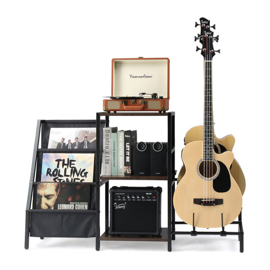Multifunction 2-Tier Guitar Stand with Shelving and Vinyl Record Storage